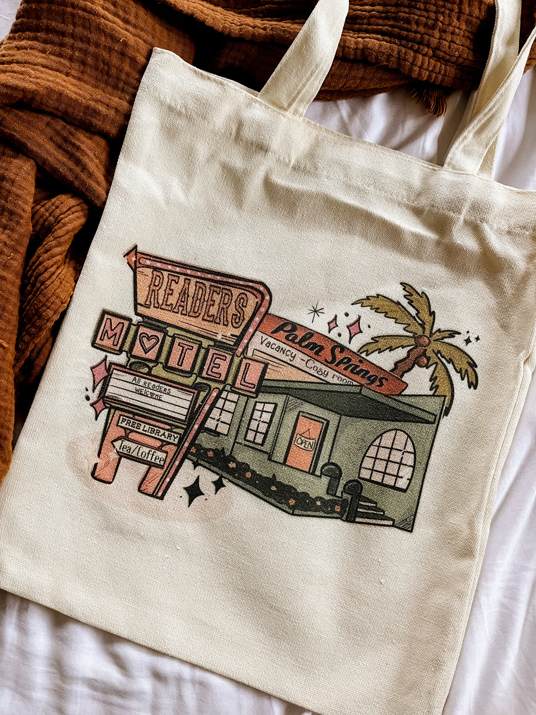 Retro reader motel small cotton tote bag