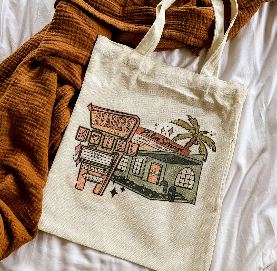 Retro reader motel small cotton tote bag