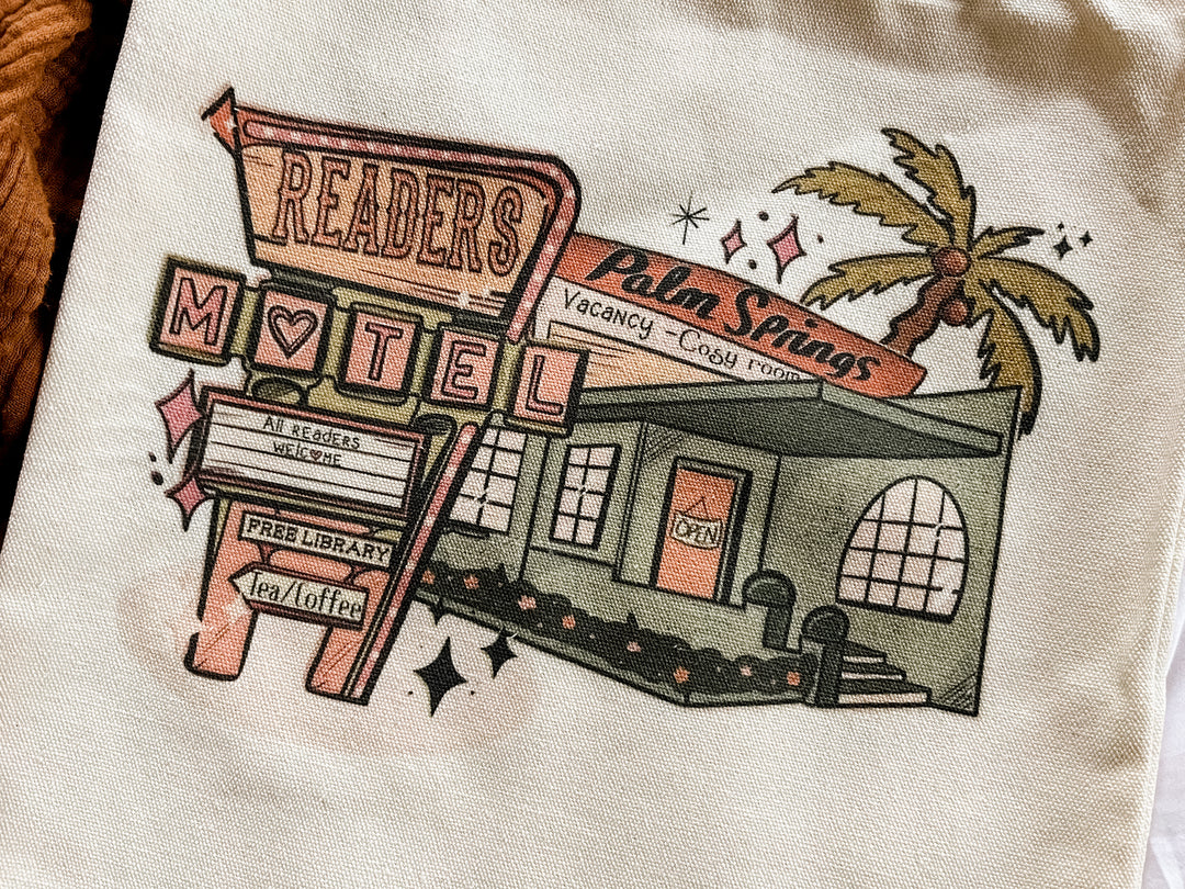 Retro reader motel small cotton tote bag