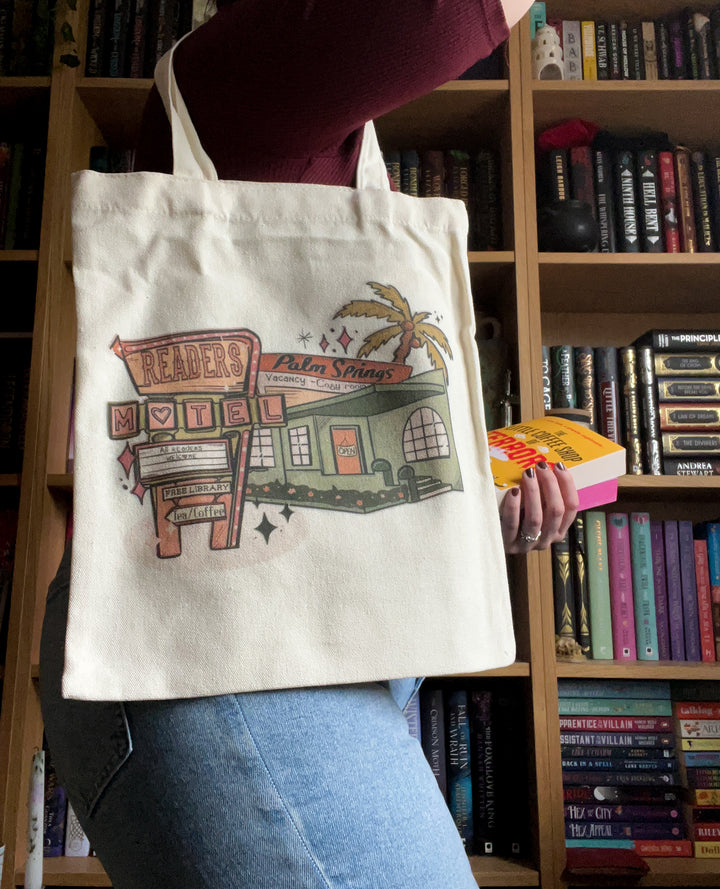 Retro reader motel small cotton tote bag